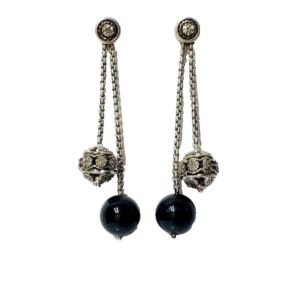 David Yurman Diamond Onyx Box Chain Earrings
